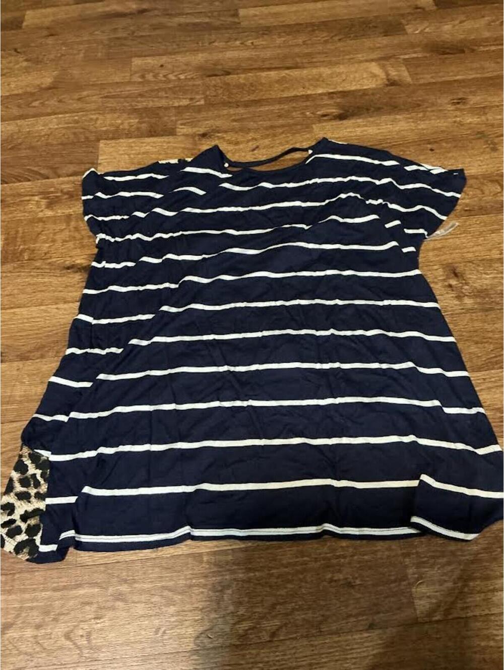 Style & Co. Women's Navy Blue and White Striped Top with Leopard Print Detail, S